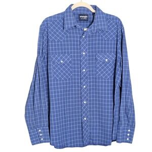 Wrangler Western Shirt Large Blue Plaid Pearl Snap Long Sleeve Vintage Cowboy